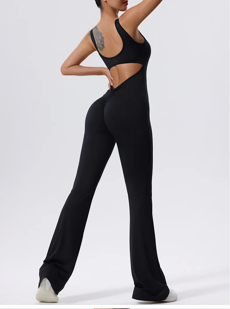 V Back Scrunch Gym Set Women Sport One-Piece Suit Yoga Suit Flared Pants Women Sports Jumpsuit Fitness Rompers Workout Bodysuits
