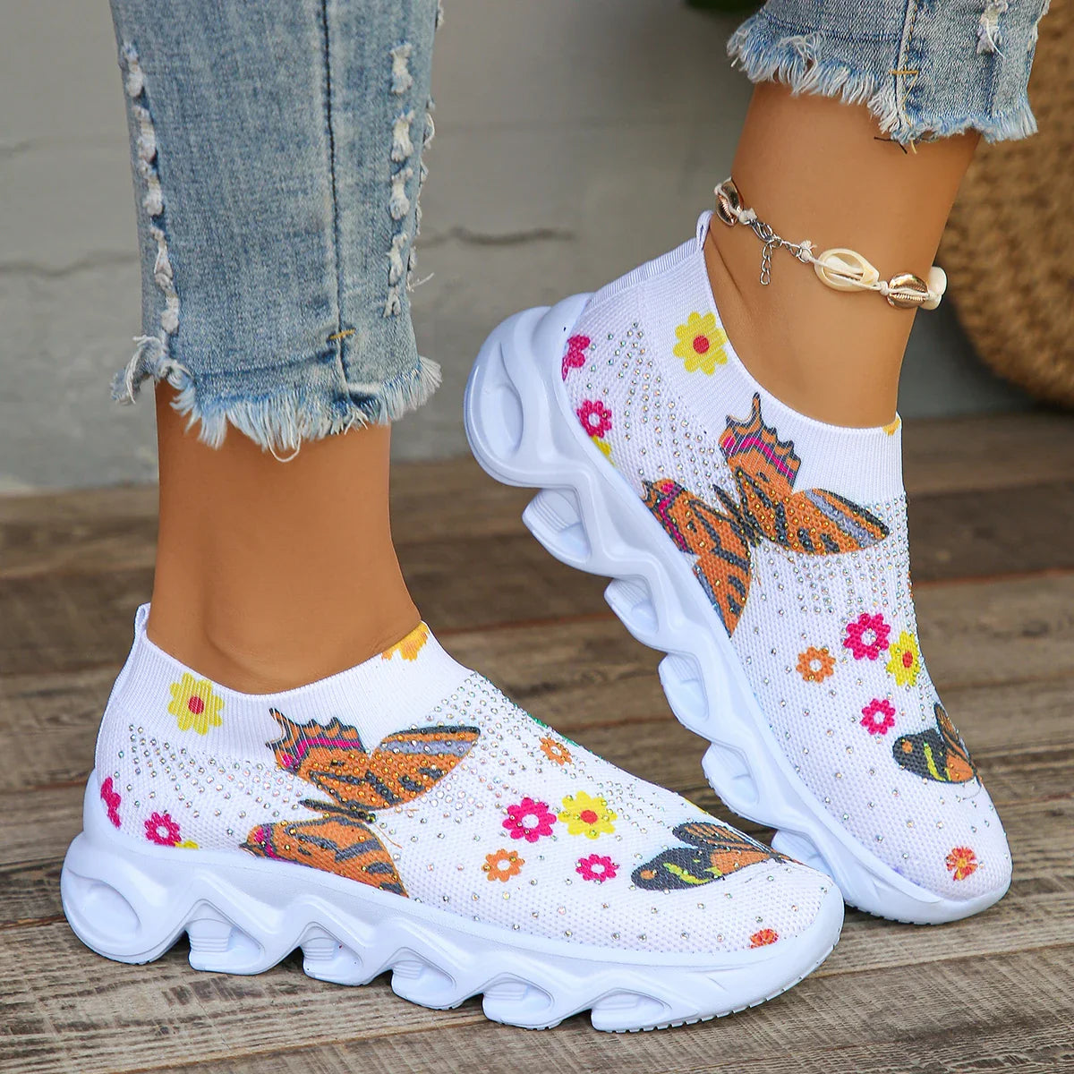 Crystal Floral Women's Knitted Sneakers Summer 2024 New Breathable Air Mesh Casual Shoes Woman Light Weight Walking Sports Flats