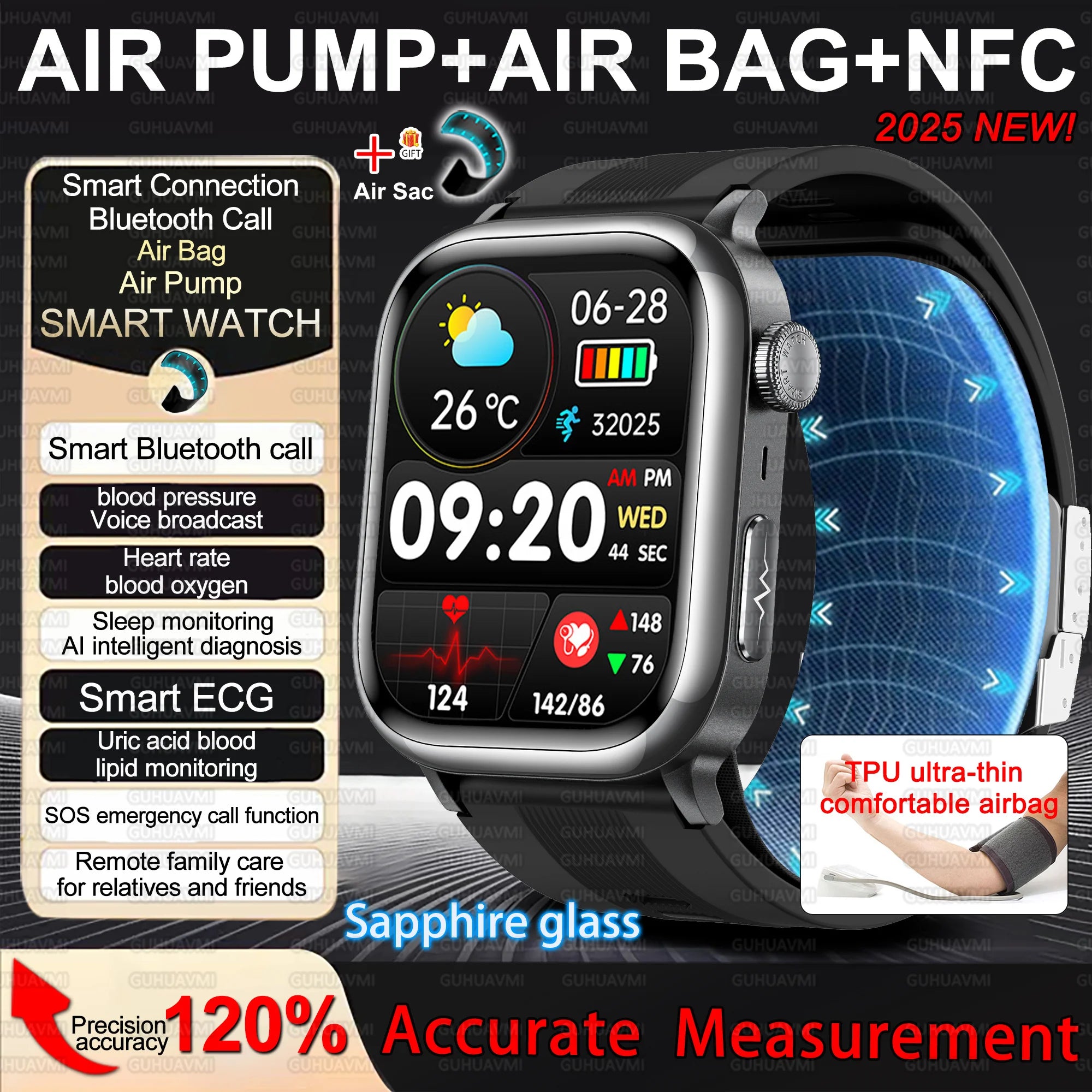 2025New Upgrade Air pump airbag Accurate Blood Pressure Measure Smart Watch ECG+HRV lipids Uric acid AI Diagnosis Smartwatch NFC
