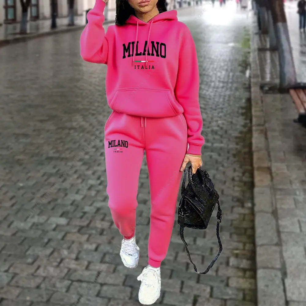 Autumn Winter Women's Sets 2pcs Hoodies Pants Suit Sports Outfits MILANO Letter Print Aesthetic Clothes Ladies Tracksuit