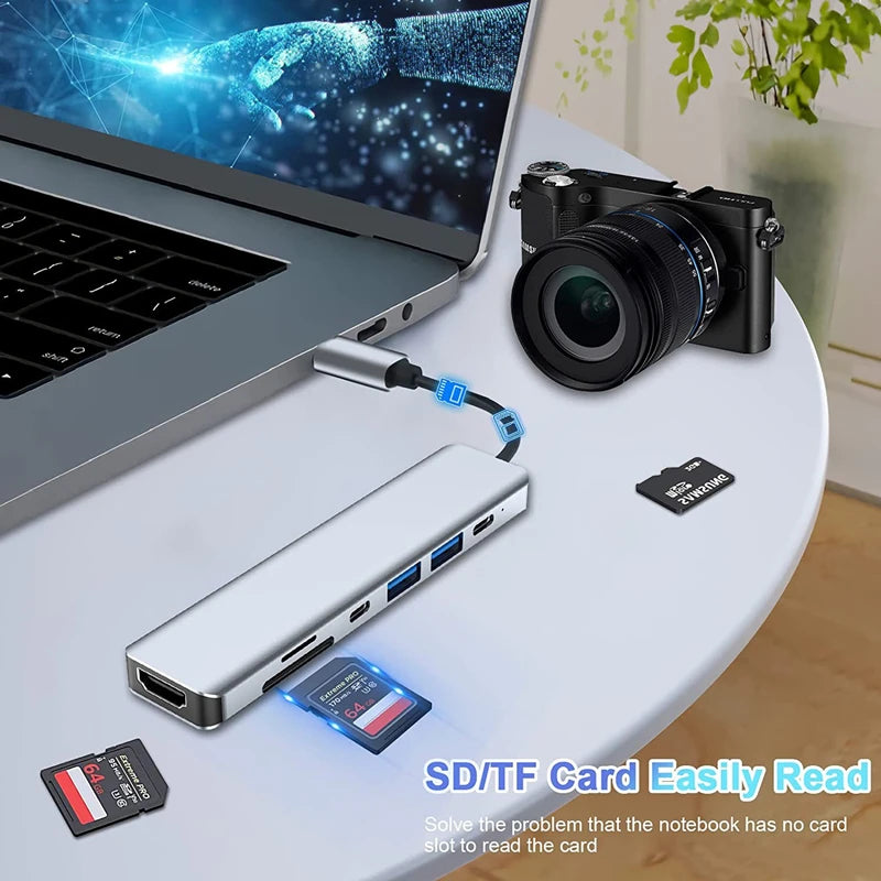 USB C Hub to 4K HDMI-Compatible SD TF Card Reader USB 3.0