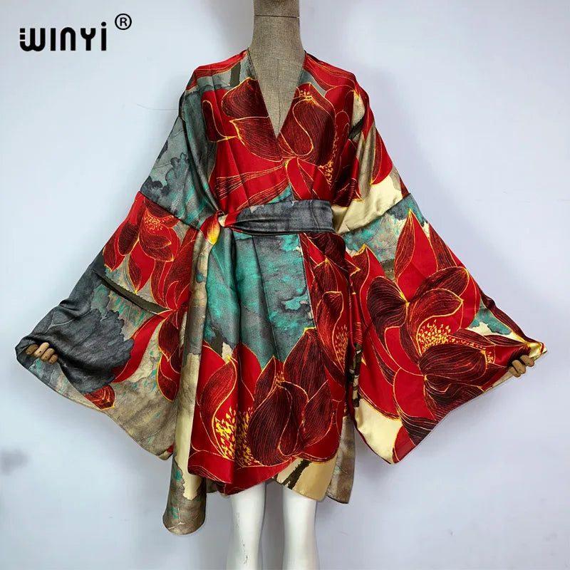 WINYI Summer Beach Wear Swim Suit Cover kaftan sweet lady boho Cardigan stitch Self Belted sexy Holiday long Sleeve Kimono