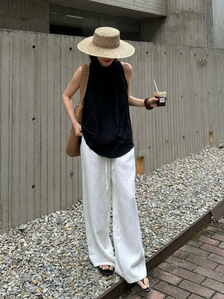 Slack Linen Wide-leg Pants Summer Loose Versatile Drawstring Straight White Casual Trousers Korean Fashion