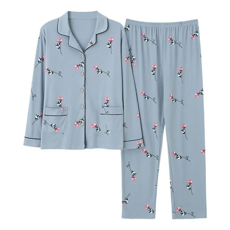 Autumn Women's 100% Cotton Long Sleeve Pajama Set Middle-aged Elderly Thin Cardigan Suitable For Home Wear