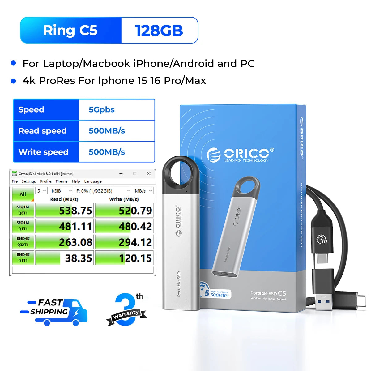 ORICO 1TB External SSD - Ultra-Fast 460MB/s Speed, Hanging Hook Design