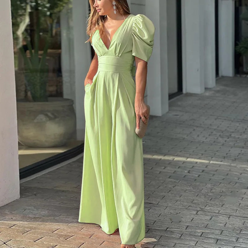 Full Size Cutout V-Neck Puff Sleeve Jumpsuit Plus Size
