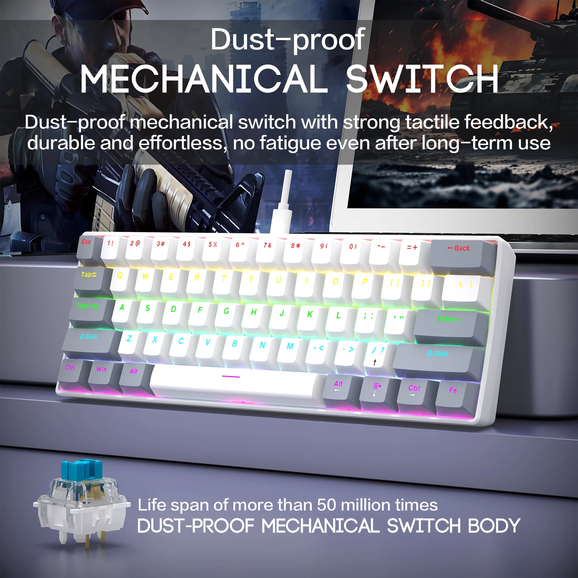 60% Wired Gaming Mechanical Keyboard RGB Backlit Ultra Compact Mini Layout for PC/Mac Gamers And Typists Easy Travel Design
