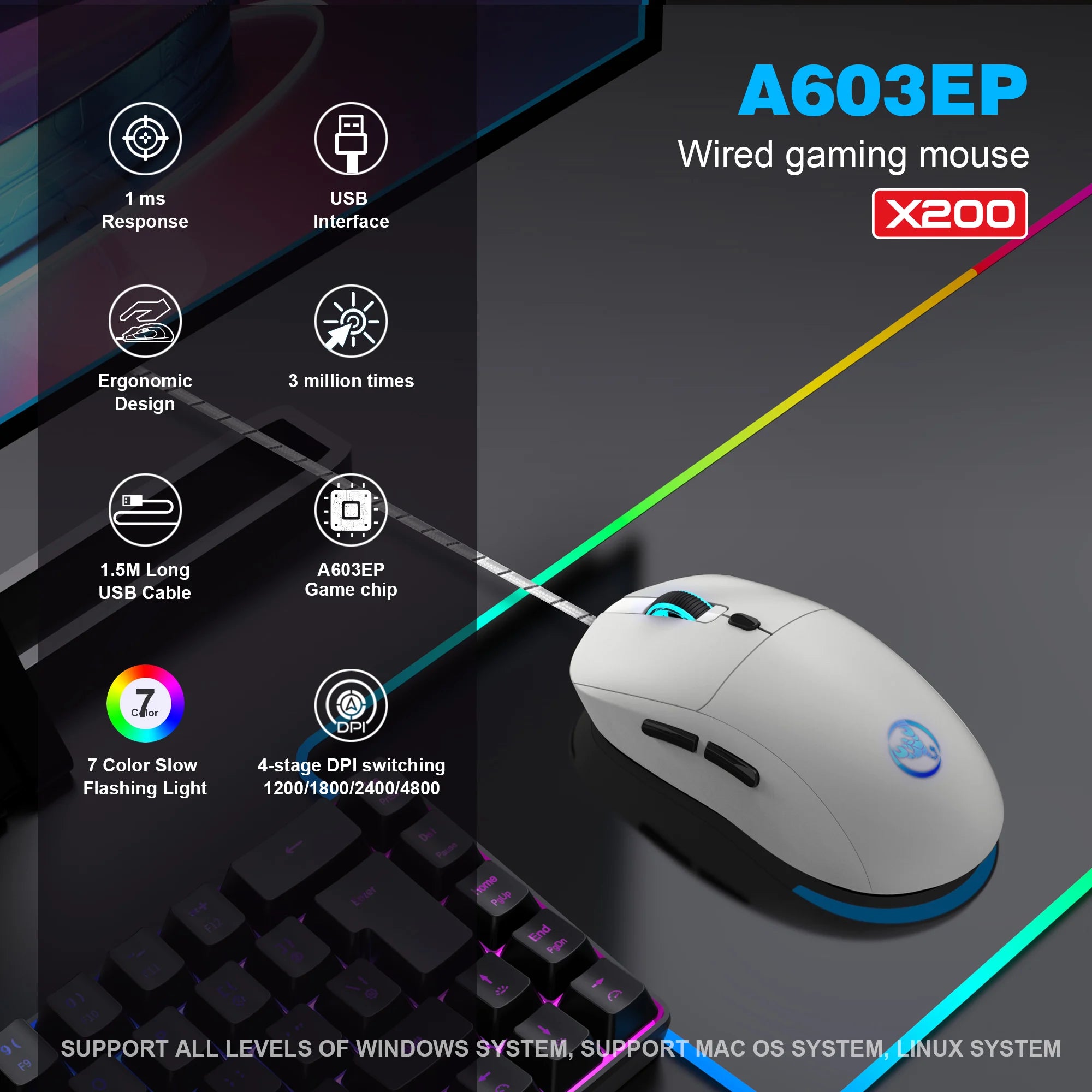 6 Keys Wired Gaming Mouse Adjustable 3600dpi 7 Colors RGB Comfortable Mice for Home Office Laptop Computer Gamer
