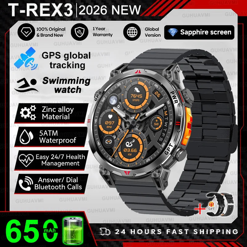 2026 New Military T-Rex 3 Ultra GPS Compass Smart Watch For Outdoor Sports 5ATM Waterproof Heart Rate 650mAh Battery Smart Watch
