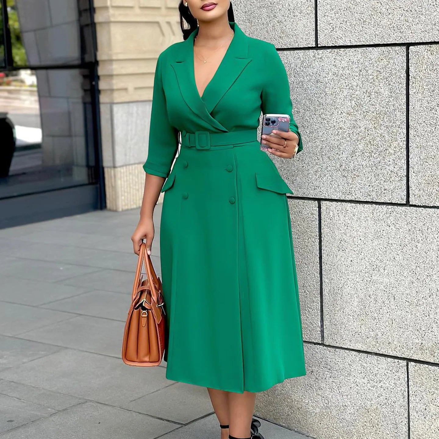 Women Notched Neck Elegant Full Sleeve Midi Dress Work Belt Streetwear Africa Party Club Dresses