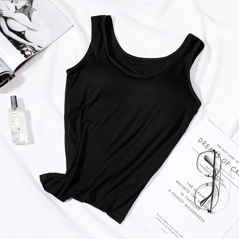2023 Women's Vest Tops with Built In Bra Neck Vest Solid Color Padded Slim Fit Tank Tops Sexy Shirts Feminino Casual Tank Tops