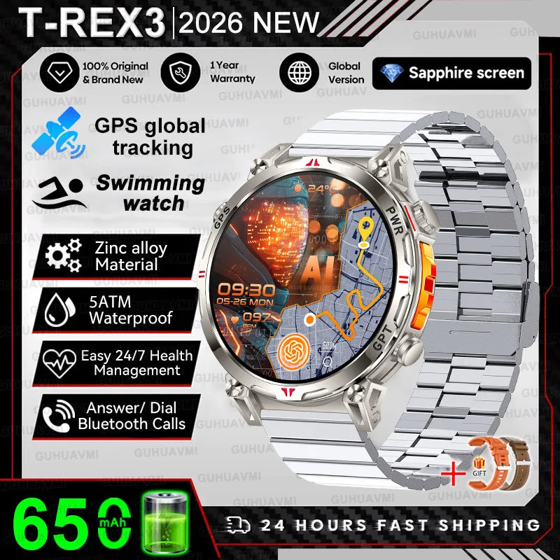 2026 New Military T-Rex 3 Ultra GPS Compass Smart Watch For Outdoor Sports 5ATM Waterproof Heart Rate 650mAh Battery Smart Watch