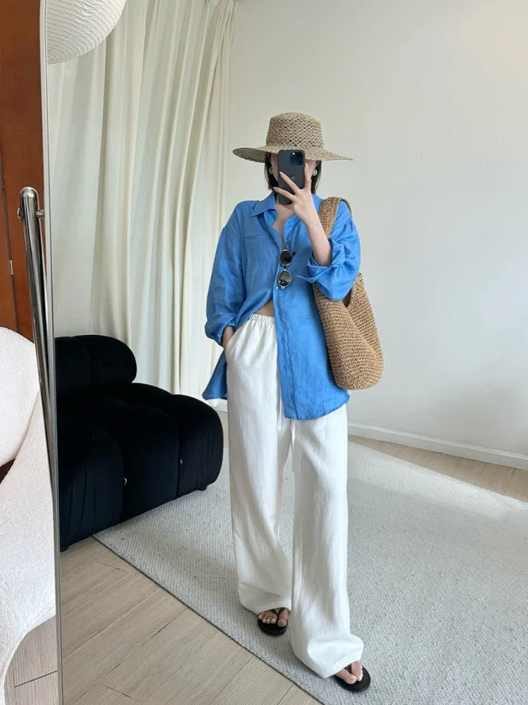 Slack Linen Wide-leg Pants Summer Loose Versatile Drawstring Straight White Casual Trousers Korean Fashion