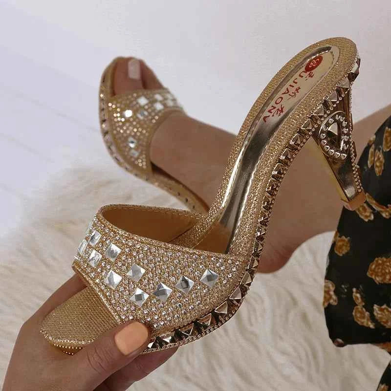 Summer Women Sandals Rhinestone Women Shoes Sexy High Heels Shoe Ladies Sandalias Gold Silver Women Slippers Heeled Sandals Sexy