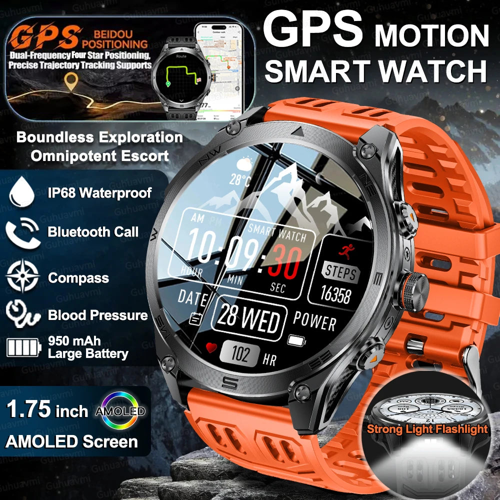2025New GPS Sports Smart Watch  AMOLED Flashlight 950Mah Battery IP68 Waterproof Fitness Trackr BT Call Smartwatch For Men Women