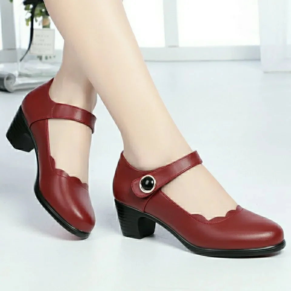 Women's Casual Round Head Chunky Heel Buckle High Heels