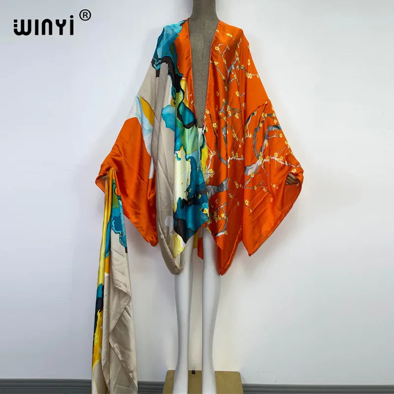 WINYI Summer Beach Wear Swim Suit Cover kaftan sweet lady boho Cardigan stitch Self Belted sexy Holiday long Sleeve Kimono