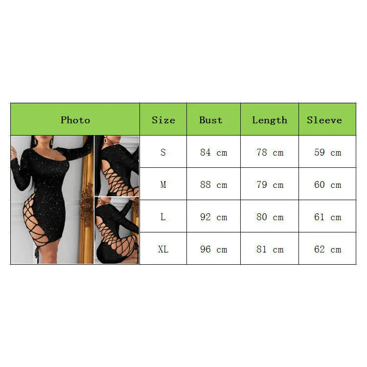 Women Dress Gown Black Long Sleeve  Sexy Lady Bodycon Hollow Short Dresses Party Night Club Summer Vestido