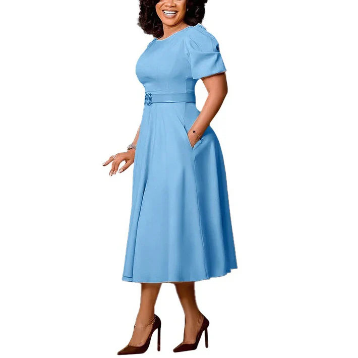 Elegant African Dresses For Women O Neck Short Sleeve Belt Waisted Pleated Mid Calf Fashion Female Birthday Party Dinner Dress