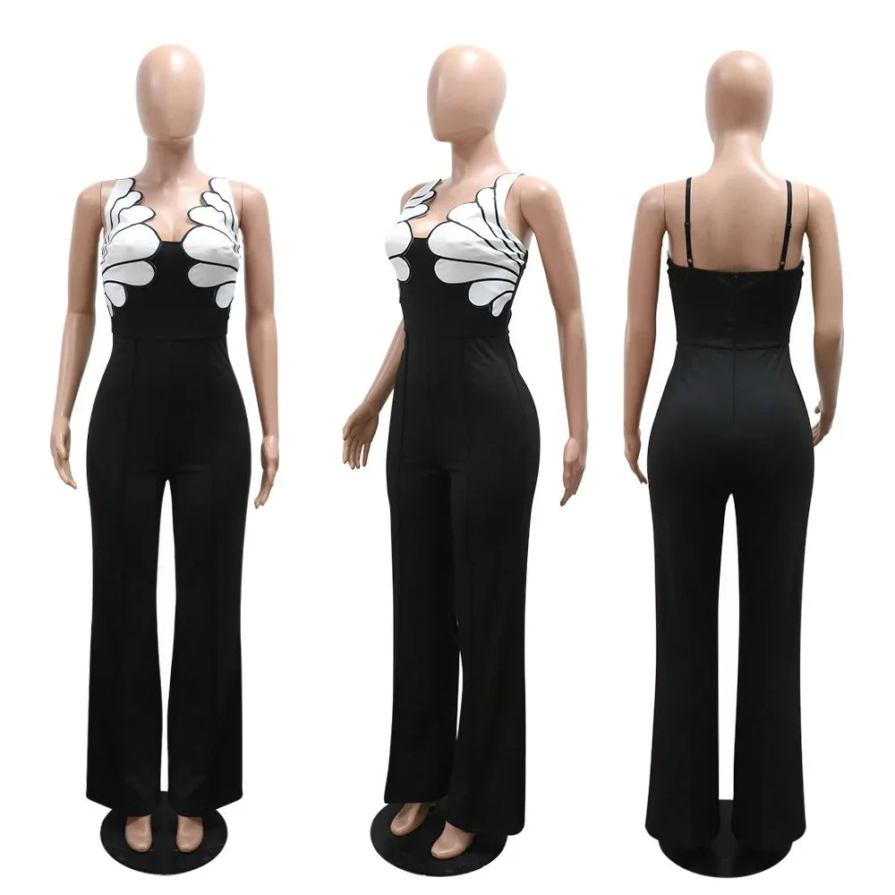 Women V-Neck Backless Wide Leg Straight Sleeveless Jumpsuits Patchwork Sexy One Piece Set Streetwear Outfits