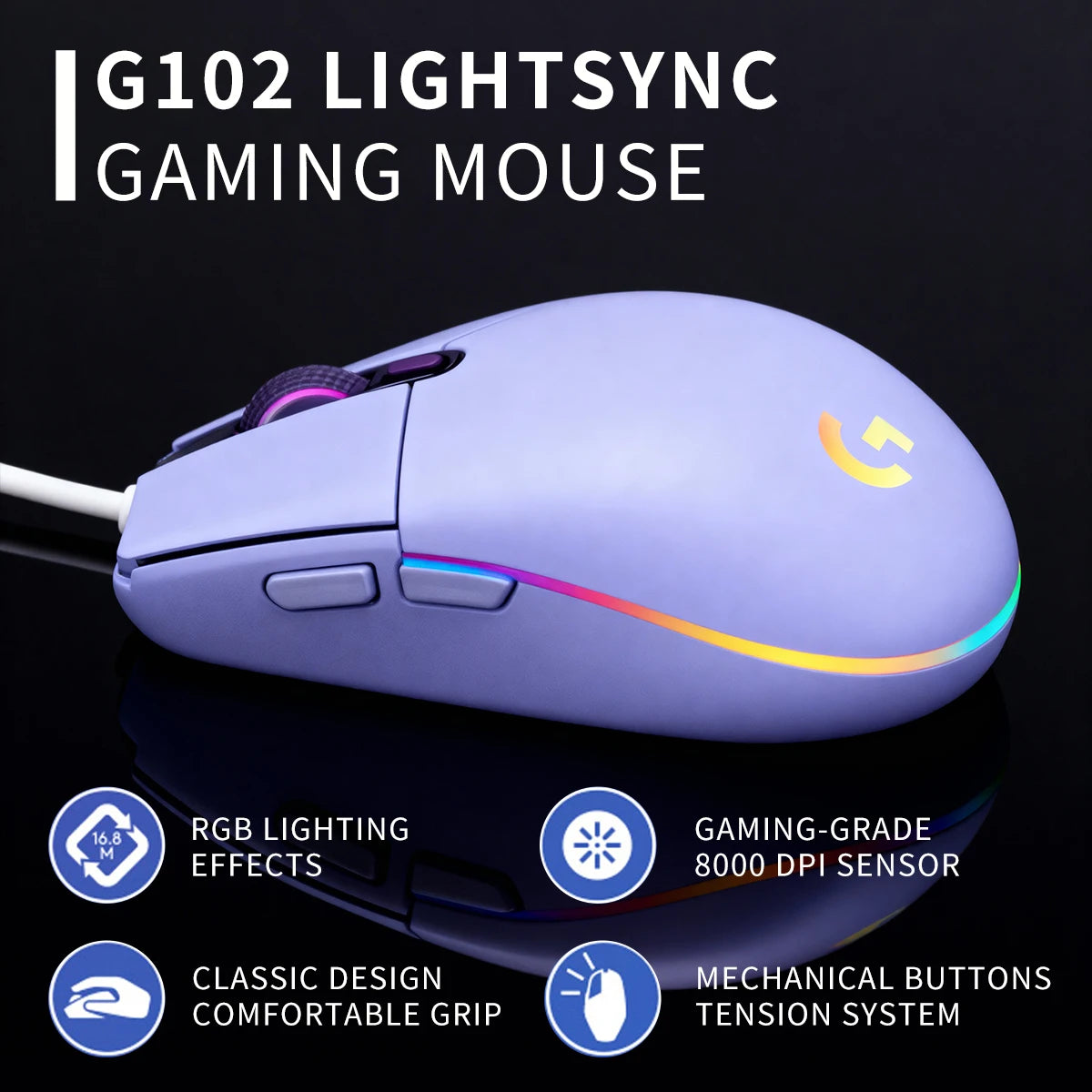 Logitech G102 Wired Gaming Mouse, Durable Braided Cable, Suitable for Both Office and Gaming