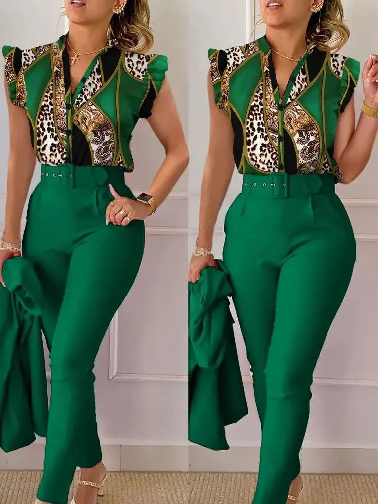 Women's Elegant 2-Piece Set – Printed Long Sleeve Shirt & High-Waist Pants, Casual Spring/Autumn Fashion
