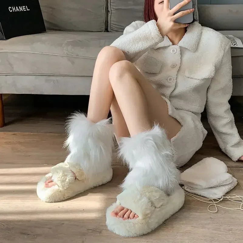 Japanese White Faux Fur Leg Warmers Boot Covers Y2K Goth Solid Leg Socks Punk Jk Knee-length Hiphop Hotgirl Fashion Warm Sock