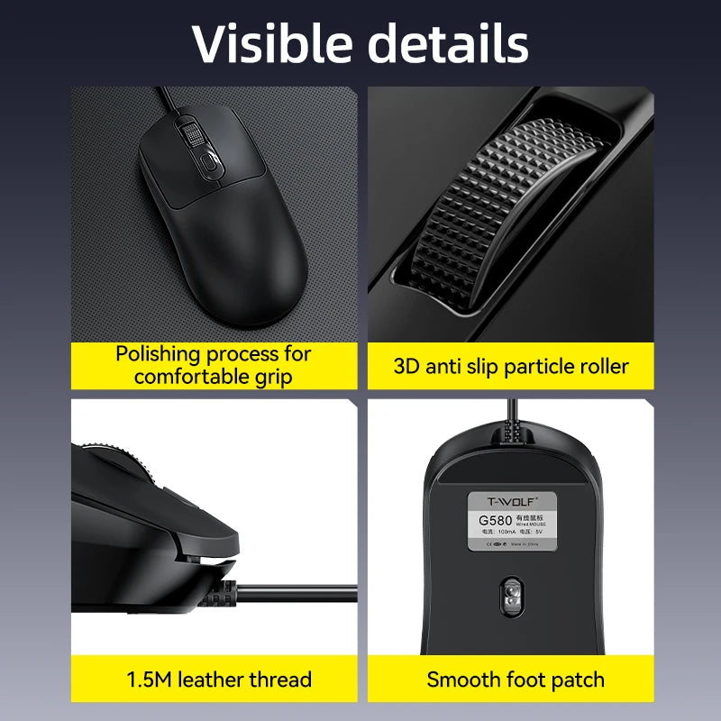 G580 USB Wired Mouse Ergonomic Office/gaming Mouse With Anti Slip Stickers For PC Laptops