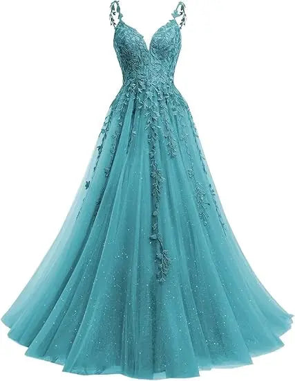 Tulle Lace Appliques Sparkly Prom Dresses A Line with Slit V Neck Formal Party Dress