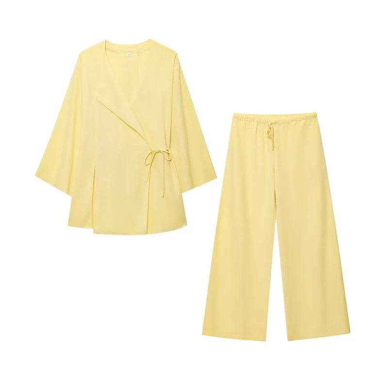 Wide Leg Pants Sets 2 Pieces Women Fashion Lace Up Kimono Tops Women's Suit Two Piece Set Spring Women Outfit