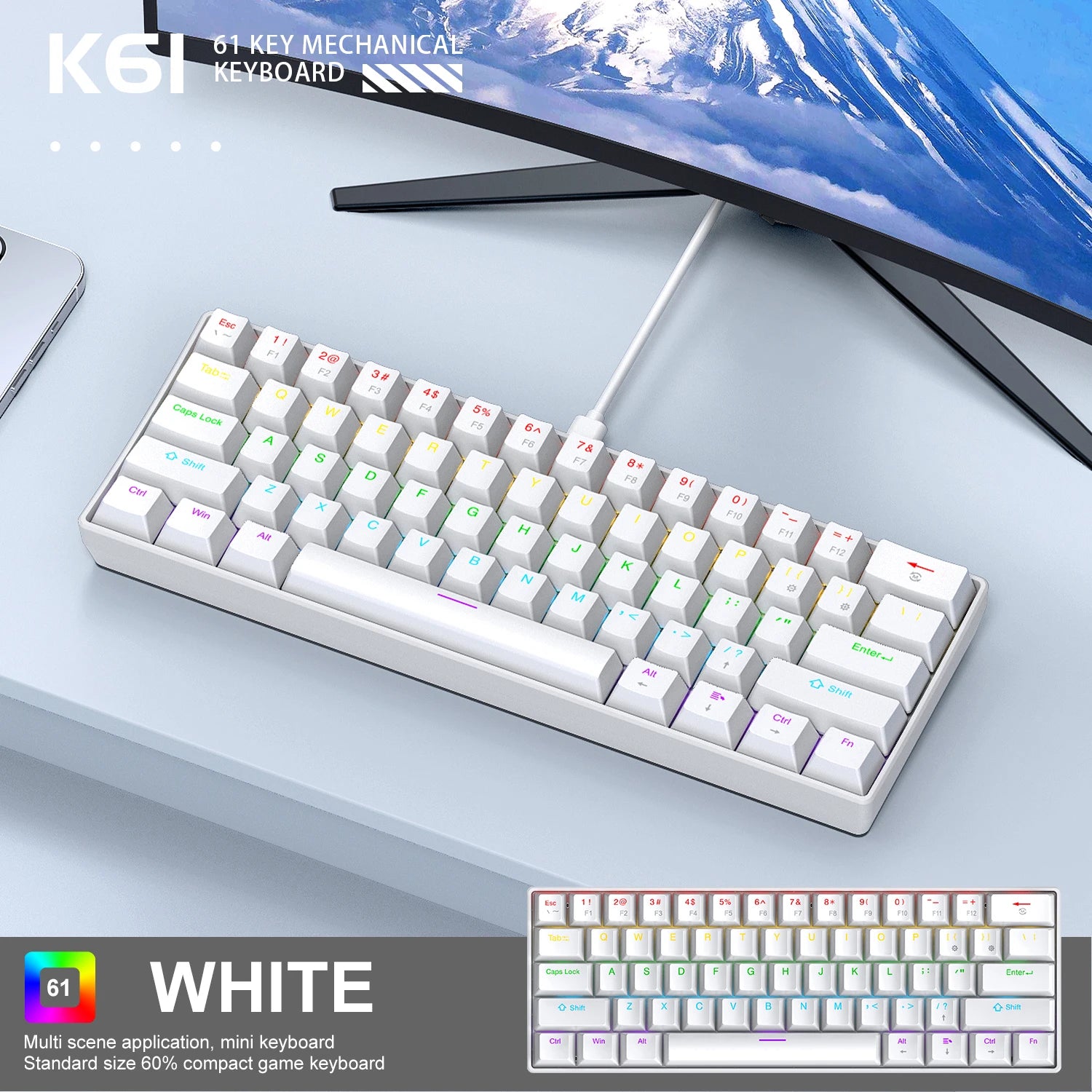 K61 Wired Mechanical Keyboard,61-key Design,1000Hz Return Rate,USB2.0