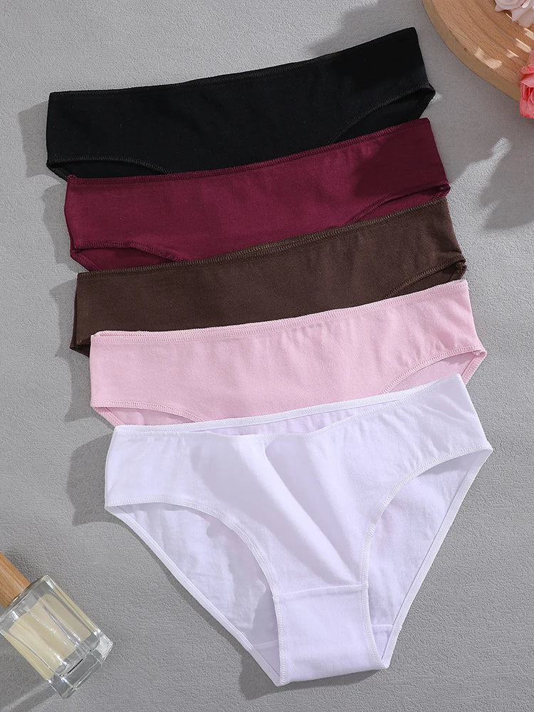 FINETOO 5PCS Set Women's Cotton Lingerie Panties S-XL Sexy Solid Color Underwear Briefs
