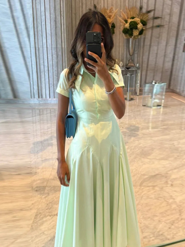 Fashion Women's Shirt Style Dress Turn-Down Collar Short Sleeve Solid Lady Dresses Irregular 2025 Summer Elegant Female Robe