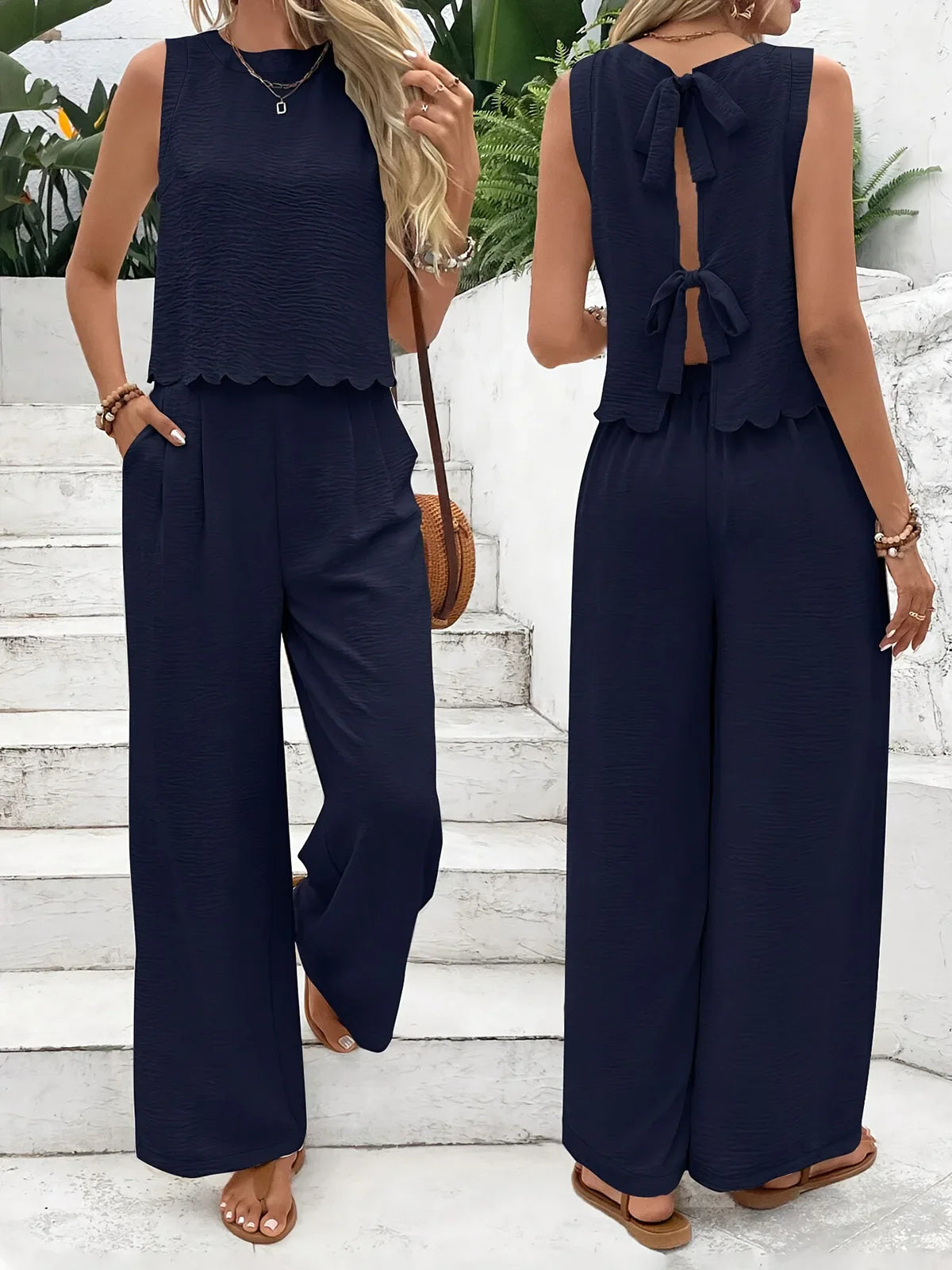Casual set, wide pants, sleeveless blouse, open back with tie, detail on the hem of the blouse