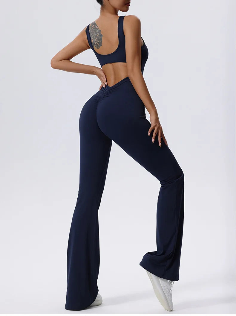 V Back Scrunch Gym Set Women Sport One-Piece Suit Yoga Suit Flared Pants Women Sports Jumpsuit Fitness Rompers Workout Bodysuits