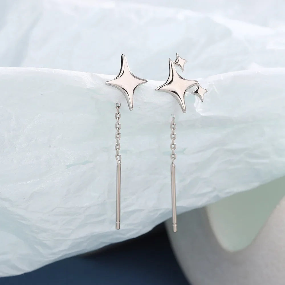 Sterling Silver Star Drop Earrings With Tassel Chain