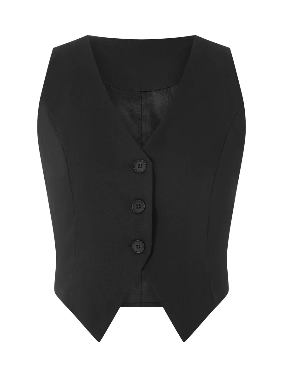 Women's Fashion Black Sleeveless Vests Casual V Neck Button Waistcoat Formal Business Tuxedo Shirt Slim Fit Cropped Blazer Vests