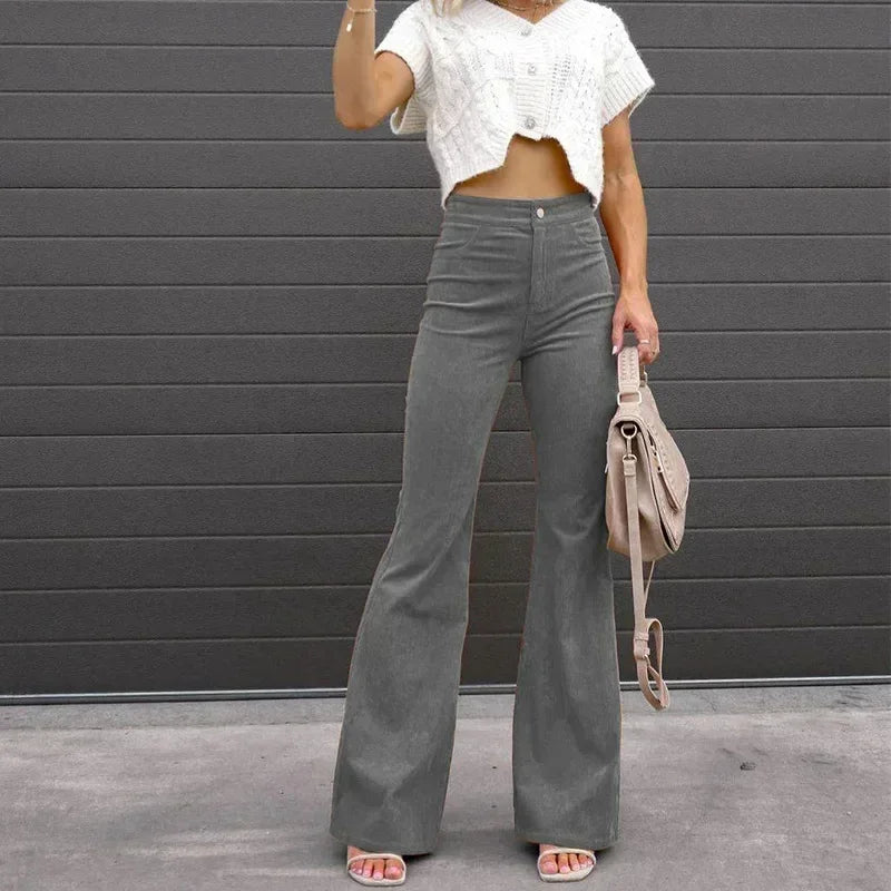 Women Corduroy Flared Pants Mid-Waist Slim Fit Bell-Bottom Trousers