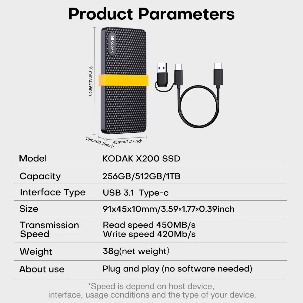 KODAK Original X200 External SSD Hard Drive HD Externo USB3.1 Portable