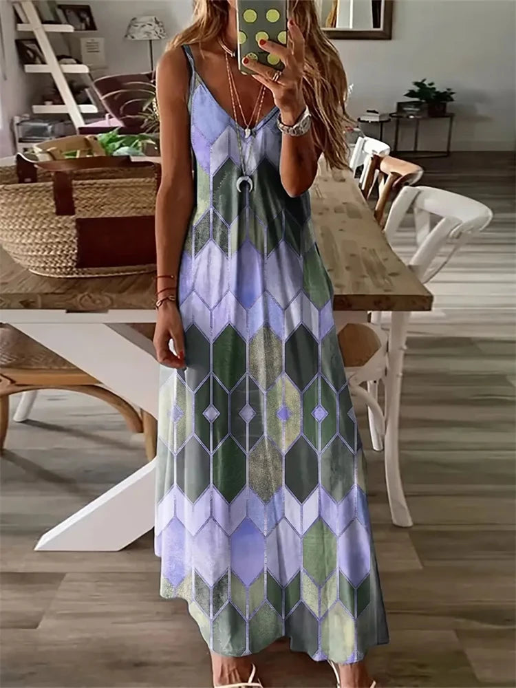 Abstract Print Maxi Dress, Casual Sleeveless Spaghetti Strap Dress, Women's Clothing