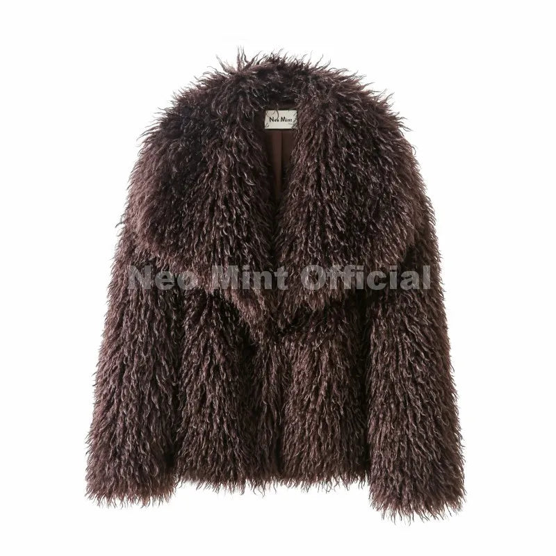 Elarra Faux Fur Shaggy Jacket – Women’s Oversized Mongolian Style Coat for Autumn Winter Outfits