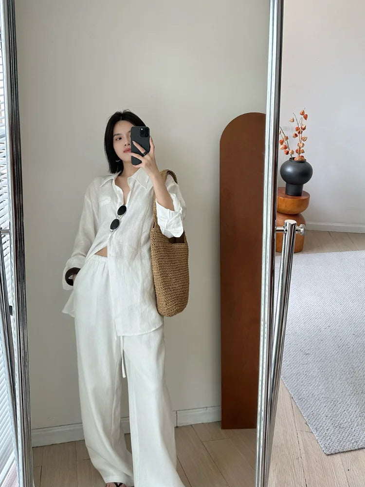 Slack Linen Wide-leg Pants Summer Loose Versatile Drawstring Straight White Casual Trousers Korean Fashion