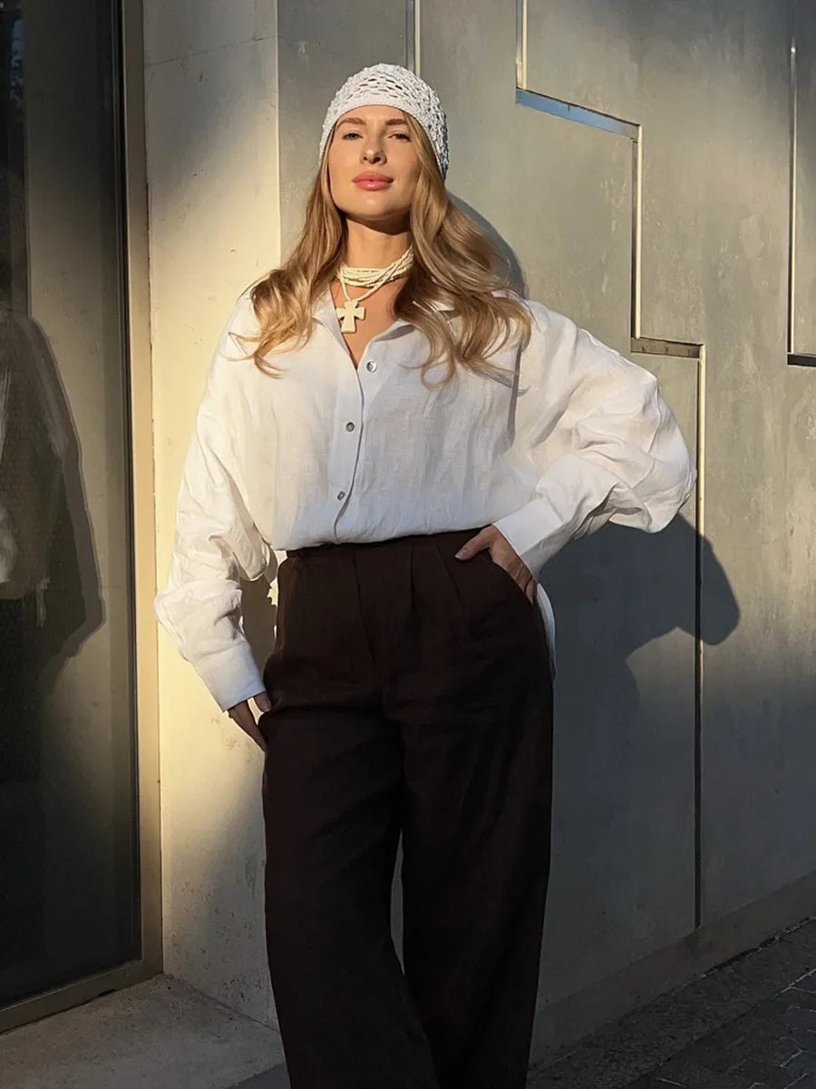 Bornladies 100% Cotton Spring Summer Versatile Lazy Casual Shirt Women's Fashionable Solid Color Loose Shirt Cardigan Shirt