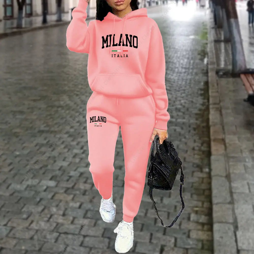 Autumn Winter Women's Sets 2pcs Hoodies Pants Suit Sports Outfits MILANO Letter Print Aesthetic Clothes Ladies Tracksuit