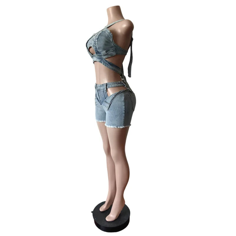 Sexy Holiday Denim Women's Set Halter Neck Crop Tops and Ripped Out Shorts Jeans 2025 Summer Two 2 Piece Sets Outfit