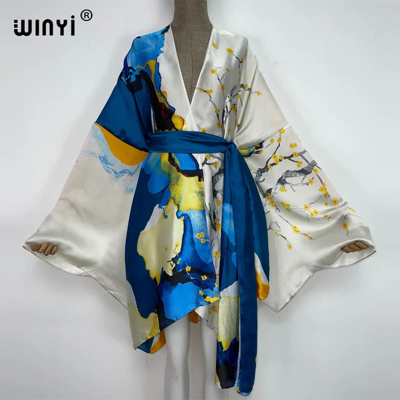 WINYI Summer Beach Wear Swim Suit Cover kaftan sweet lady boho Cardigan stitch Self Belted sexy Holiday long Sleeve Kimono