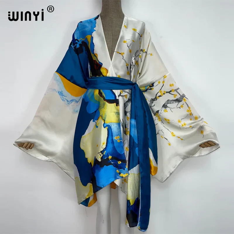 WINYI Summer Beach Wear Swim Suit Cover kaftan sweet lady boho Cardigan stitch Self Belted sexy Holiday long Sleeve Kimono