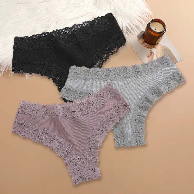 3PCS Women Cotton Lace Panties – Floral Patchwork Soft Briefs, Trendy Intimate Underwear Lingerie S-XL