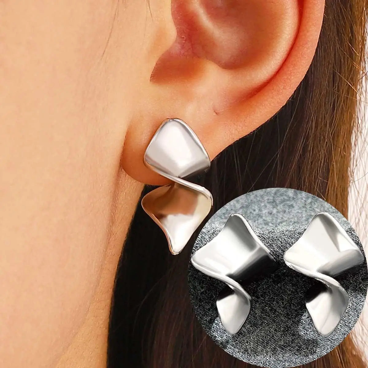 Vintage Pleated Geometric Earrings – Stainless Steel Statement Studs