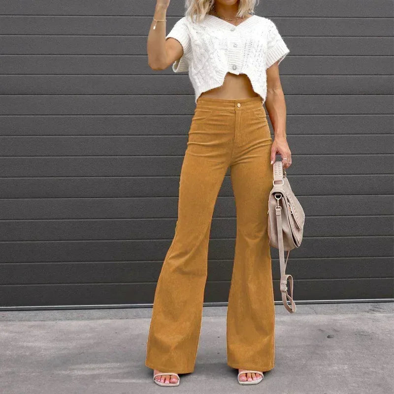 Women Corduroy Flared Pants Mid-Waist Slim Fit Bell-Bottom Trousers